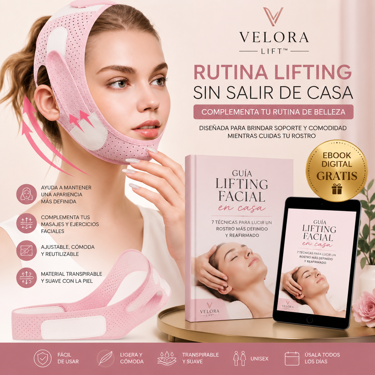 VELORA LIFT™ Banda Reafirmante Facial — Reduce Papada y Moldea Contorno