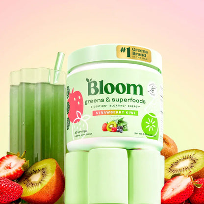 Bloom Greens Superalimentos Fresa Kiwi 290g — Apoya Digestión Saludable y Energía Natural (48 Porciones)