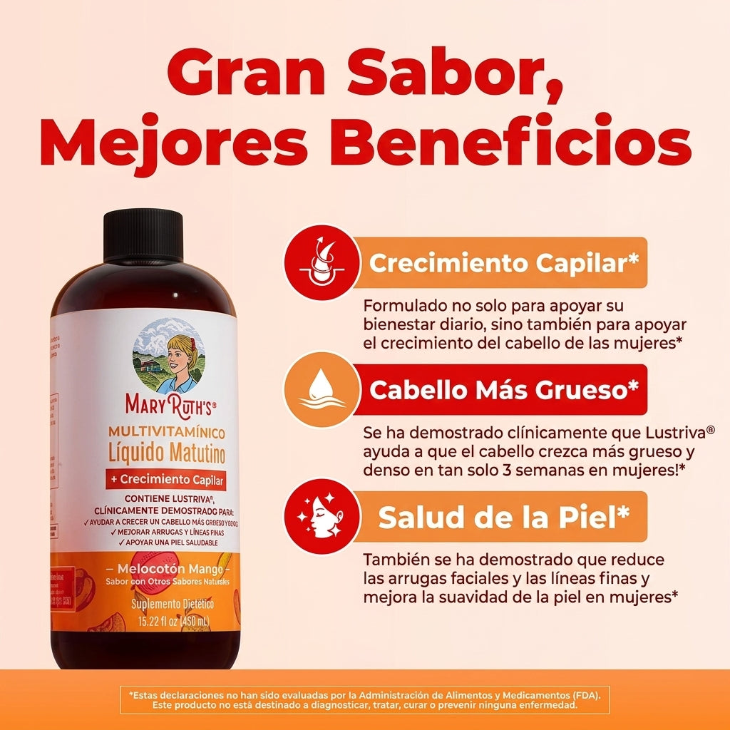 Multivitamínico Líquido Biotina 10,000mcg + Lustriva — Favorece Cabello Más Abundante y Piel Radiante (450ml, 15 Días)
