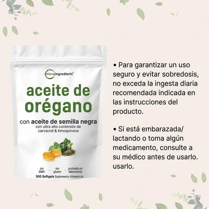 Aceite de Orégano + Semilla Negra 300 Cápsulas — Apoya Defensas Naturales 5 Meses (165mg Carvacrol + Timoquinona)