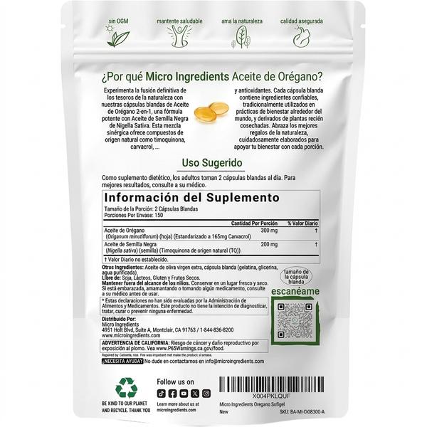 Aceite de Orégano + Semilla Negra 300 Cápsulas — Apoya Defensas Naturales 5 Meses (165mg Carvacrol + Timoquinona)