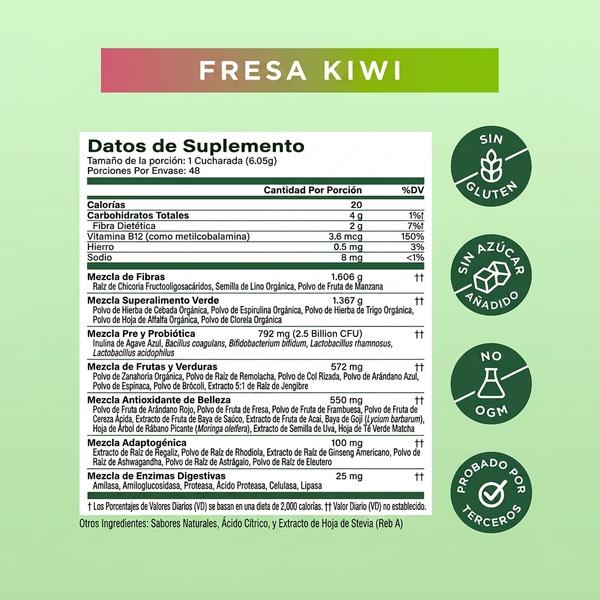 Bloom Greens Superalimentos Fresa Kiwi 290g — Apoya Digestión Saludable y Energía Natural (48 Porciones)