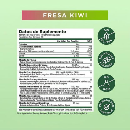 Bloom Greens Superalimentos Fresa Kiwi 290g — Apoya Digestión Saludable y Energía Natural (48 Porciones)